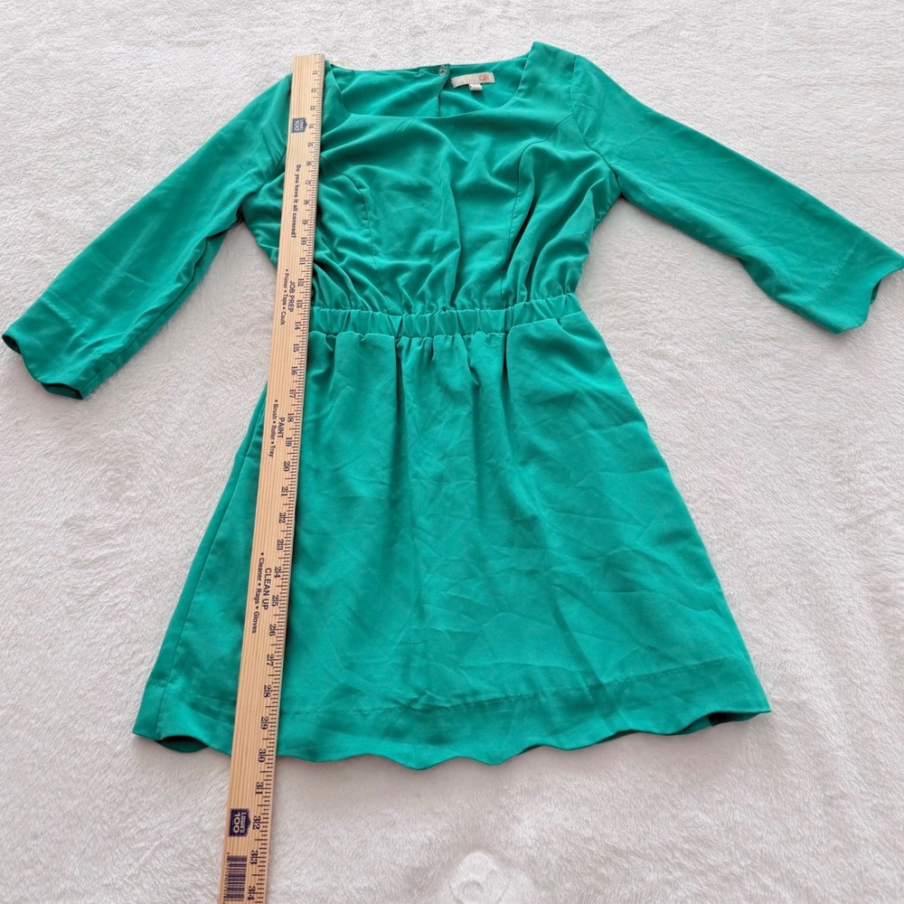 GB Green Fit Flare Dress Long Sleeve Pleated Waist Open Back Size Small - Picture 4 of 9